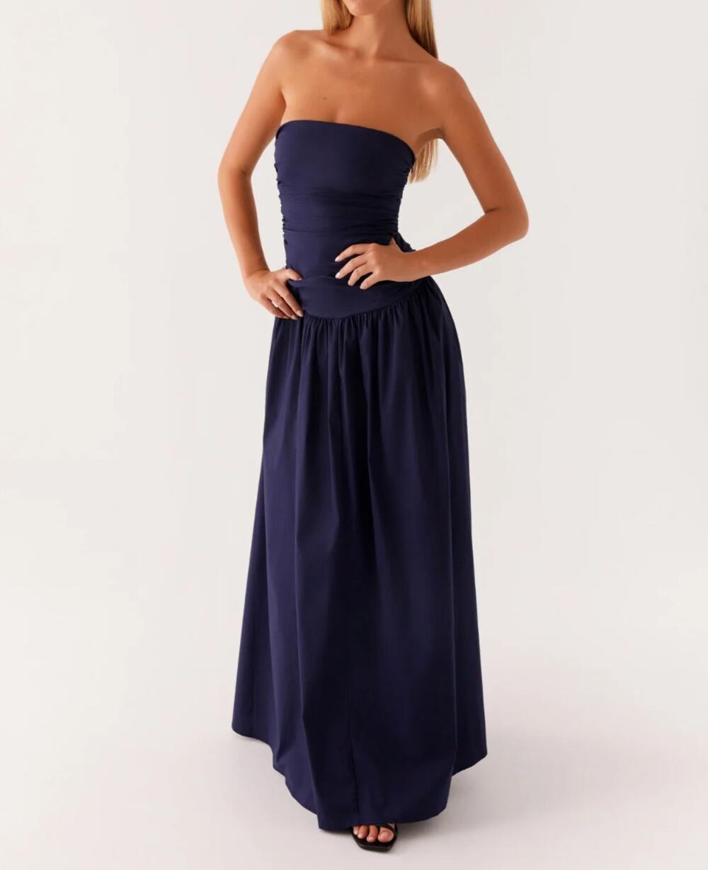 Peppermayo Size 0 XXS Carmel Maxi Dress Navy Blue Cotton Blend Strapless